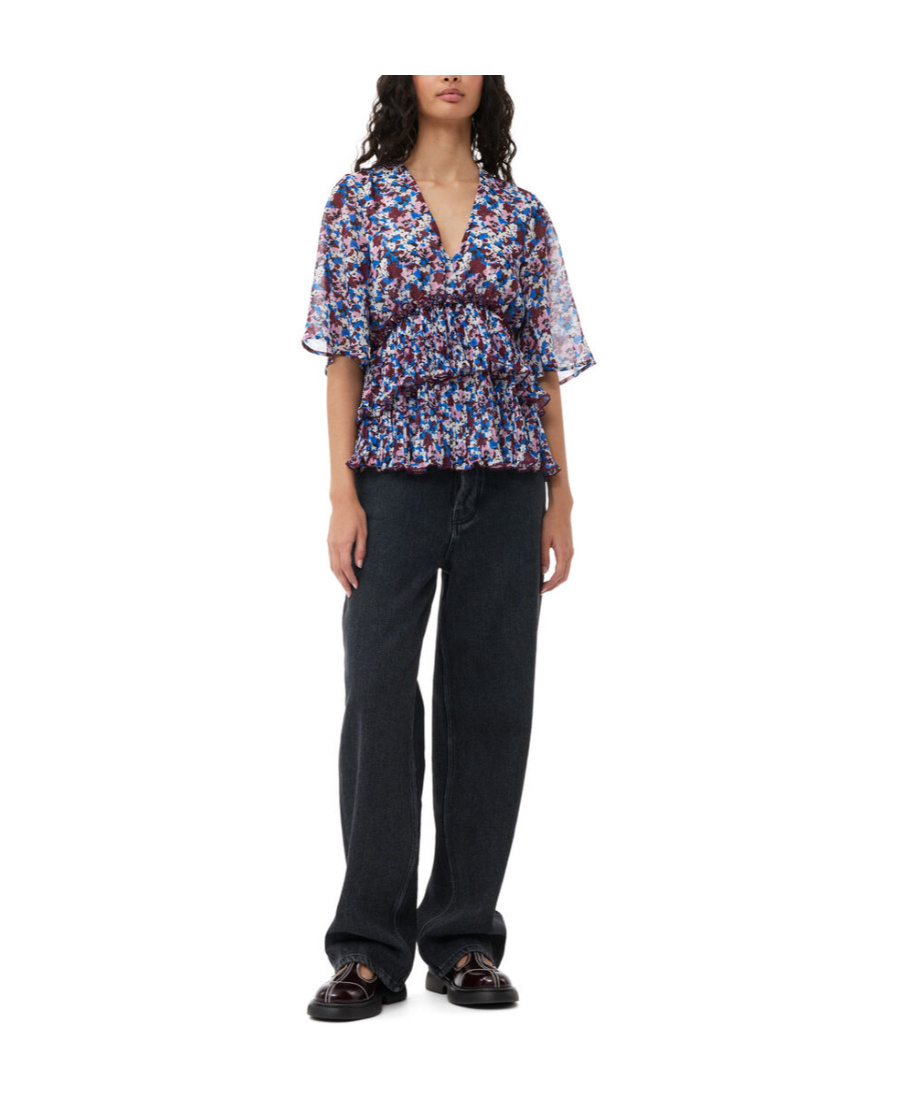 Ganni Pleated Blouse With Floral Motif In Multicolor