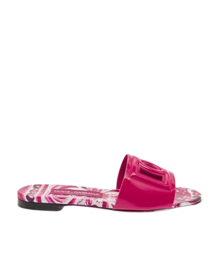 Dolce & Gabbana Flat Sandals With Dg Logo Cut-out And Maioliche Print In Leather In Pink