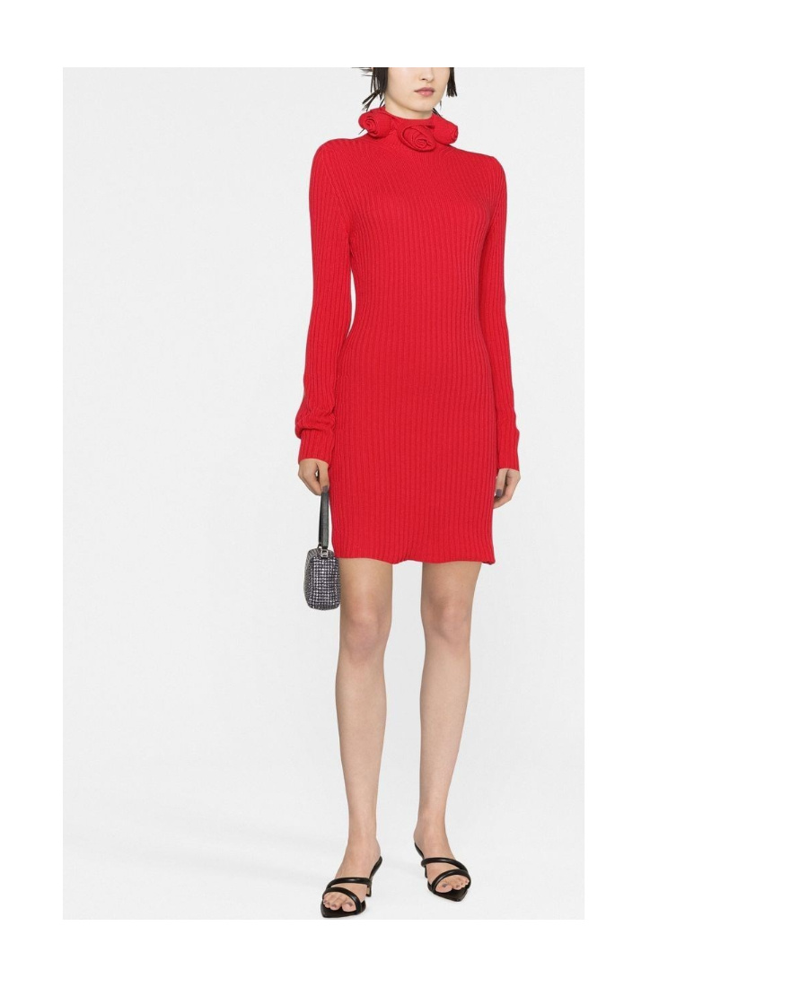 Blumarine Short Knit Dress With 3d Roses In Red