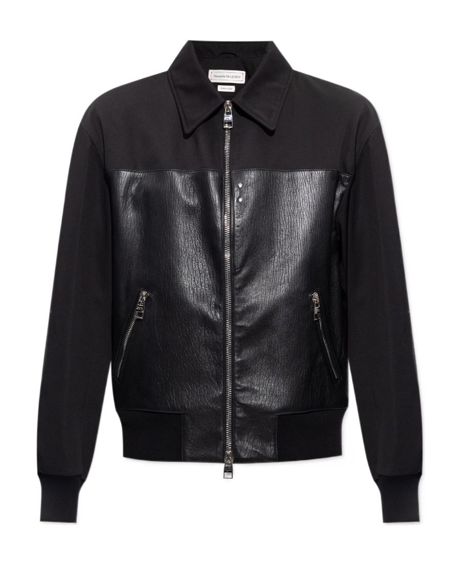 Alexander Mcqueen Leather And Fabric Bomber Jacket In Black