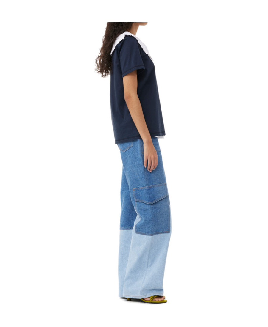 Ganni Womens Mid Blue Vintage Cutline Straight-leg High-rise Organic-denim Trousers In Blue