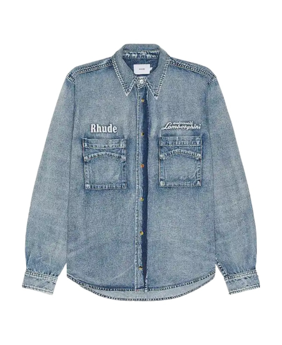 Rhude X Automobili Lamborghini Long-sleeved Denim Shirt In Gray