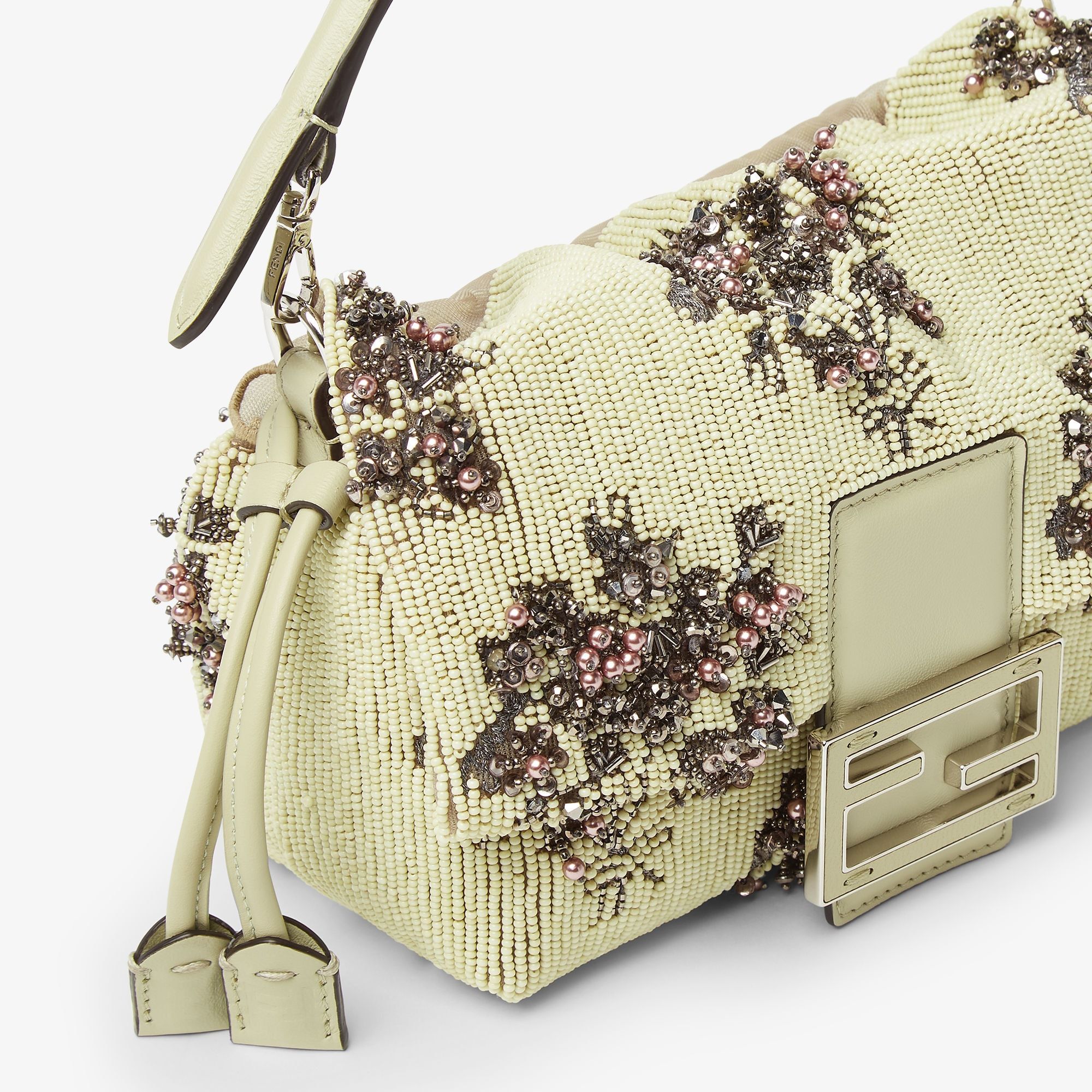 Fendi Mamma Baguette Small Sage Green Flower Bouquet Embroidered Mini-bag In Gray-green