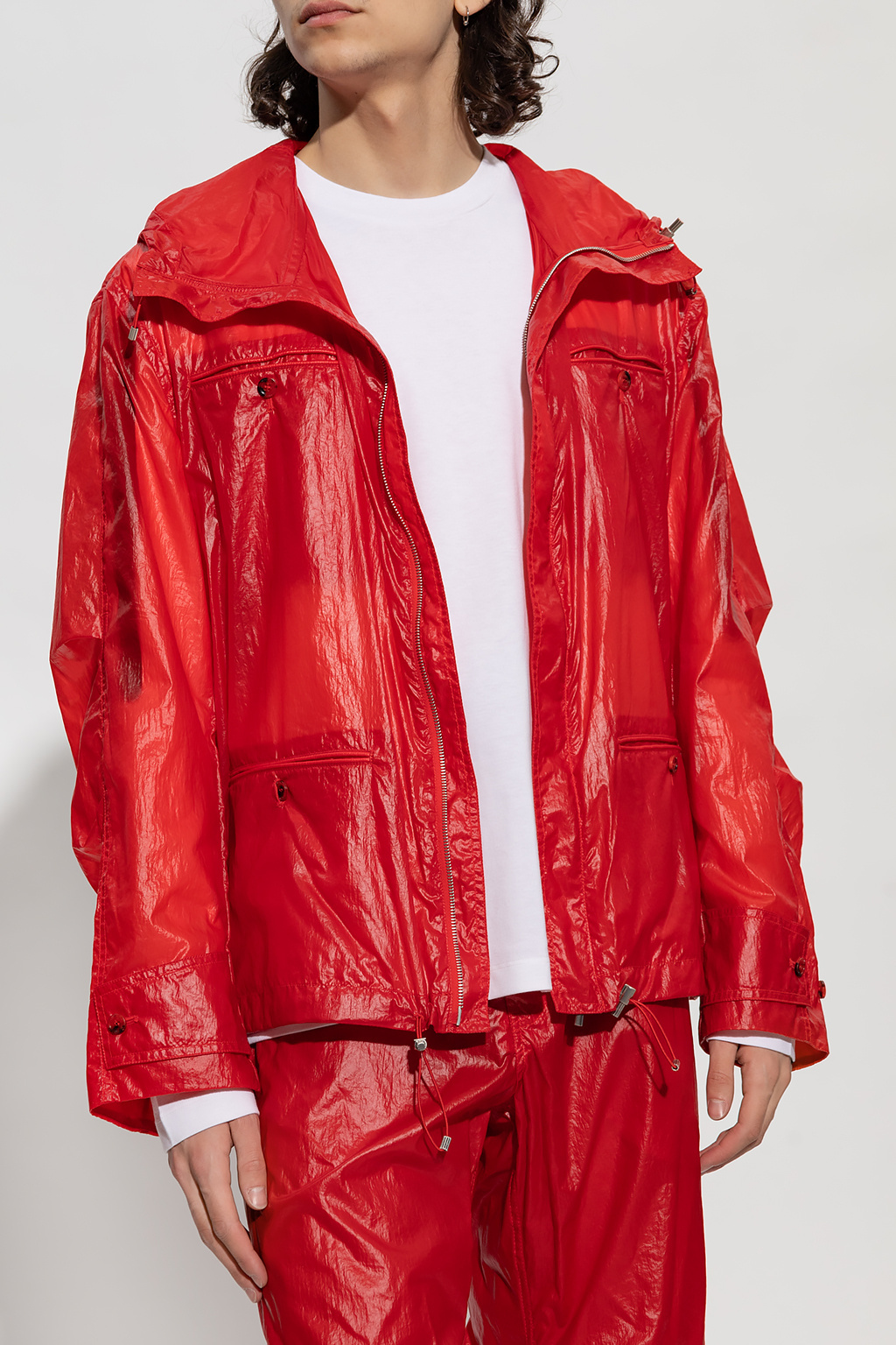 Ferragamo Hooded Windbreaker Jacket With Adjustable Drawstrings In Red