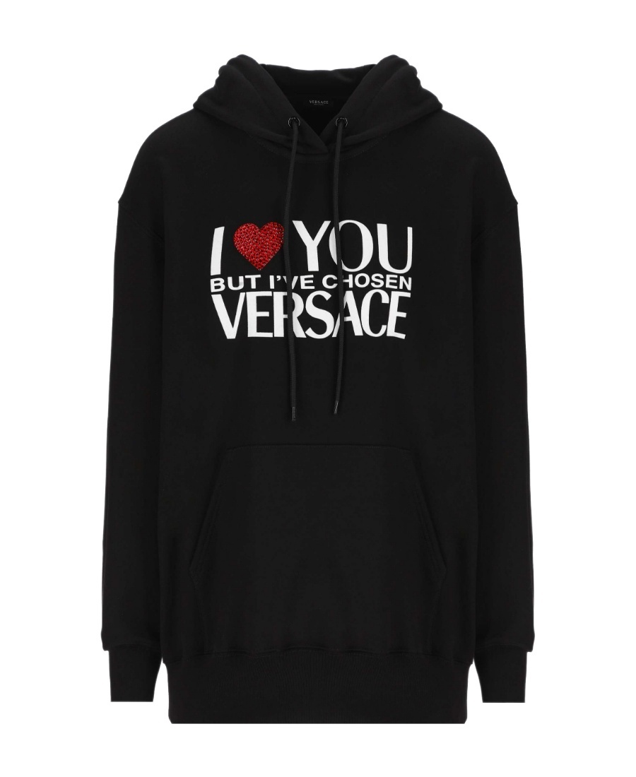 Shop Versace Crystal-embellished Slogan Hoodie In Black