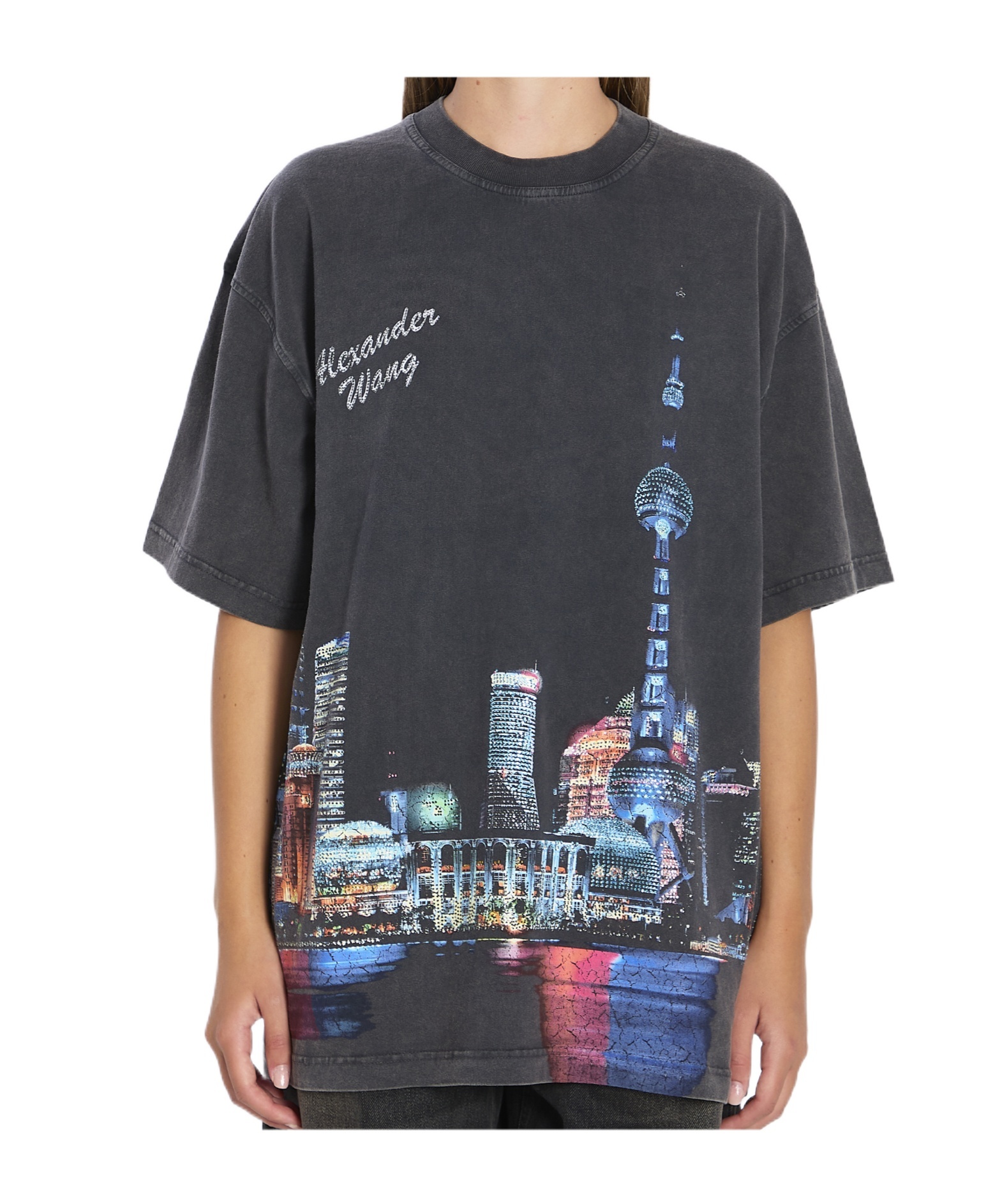 Alexander Wang Women T-shirt With Thermo-applied Rhinestones And Shanghai Skyline In Blue