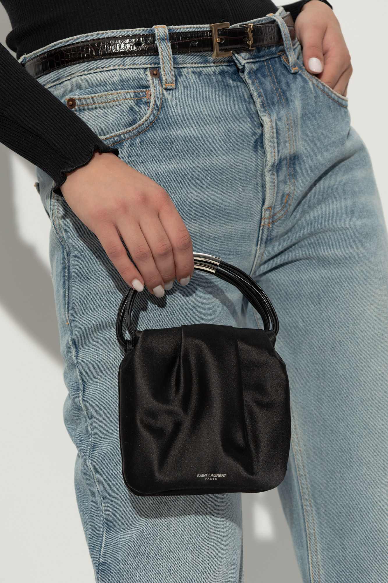 Saint Laurent Pochon Mini Top-handle Bag In Satin Silk In Black