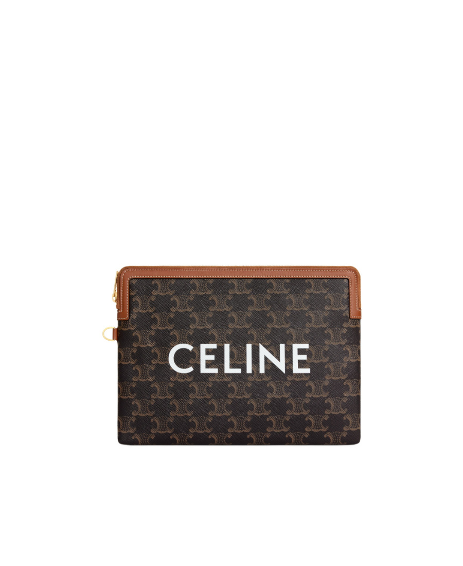 Celine Small Pouch With Strap In Triomphe Canvas And Lambskin In Brown