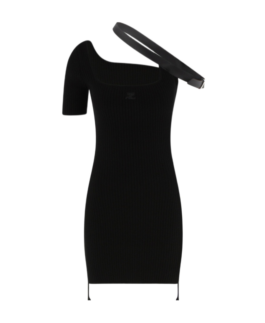 Shop Courrèges Strap-detail Asymmetric Ribbed Minidress In Black