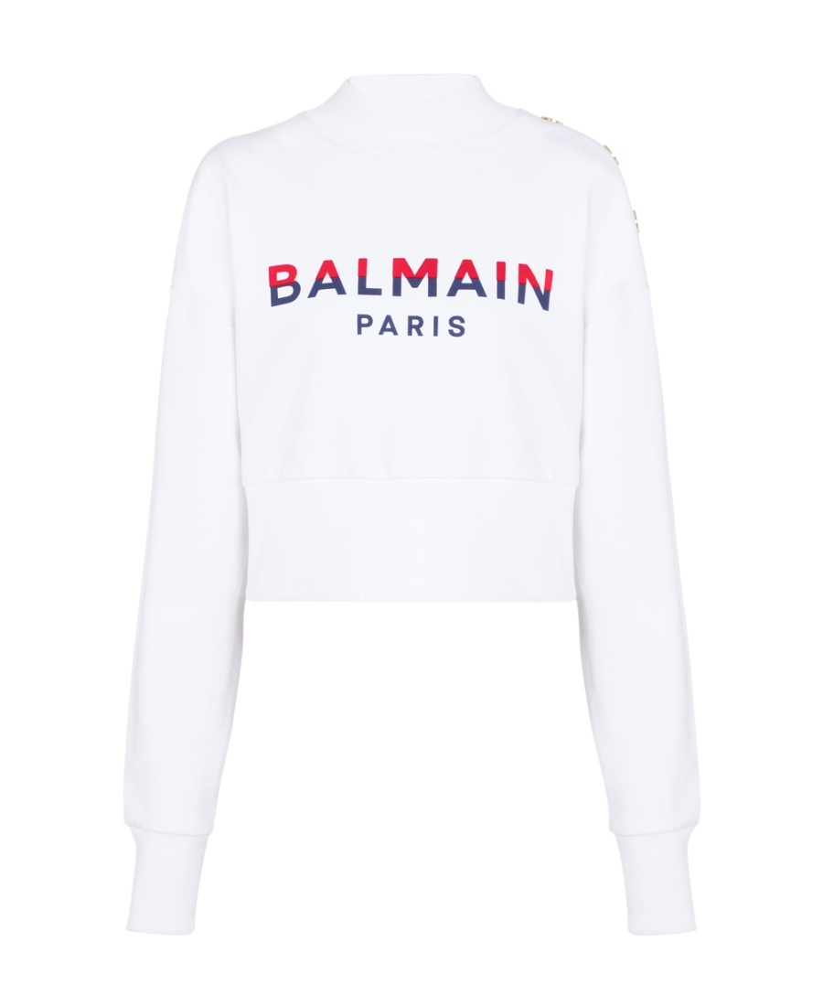 Balmain 3-button Flocked Logo-print Crop Sweatshirt In White