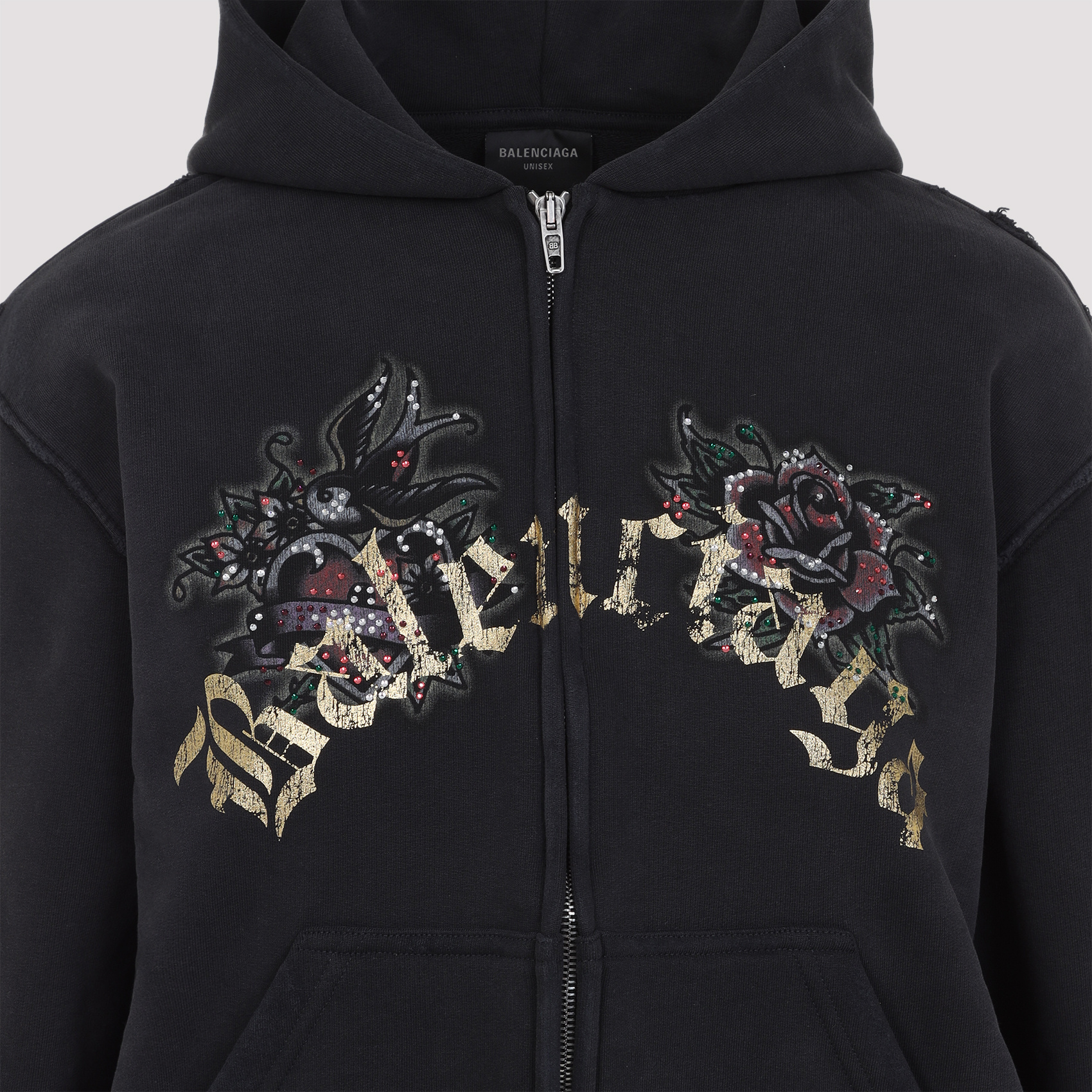 BALENCIAGA WOMEN'S TACKY TATTOO ZIP-UP HOODIE SMALL FIT IN BLACK FADED