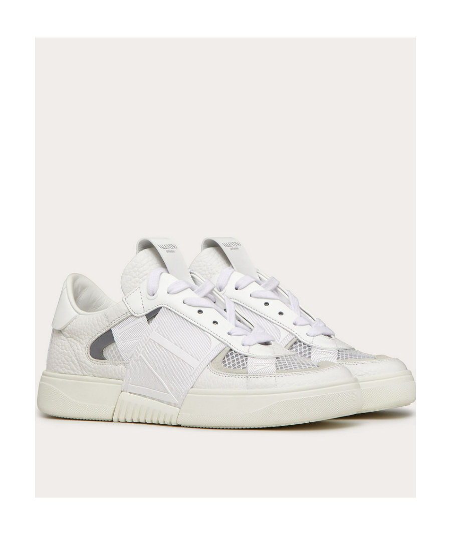 Valentino Vl7n Low-top Sneaker In Calfskin And Mesh Fabric With Bands In White