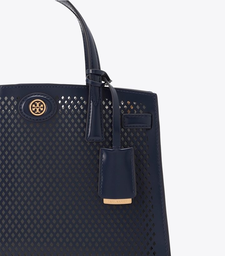 Tory Burch Small Robinson Perforated Tote Bag In Black