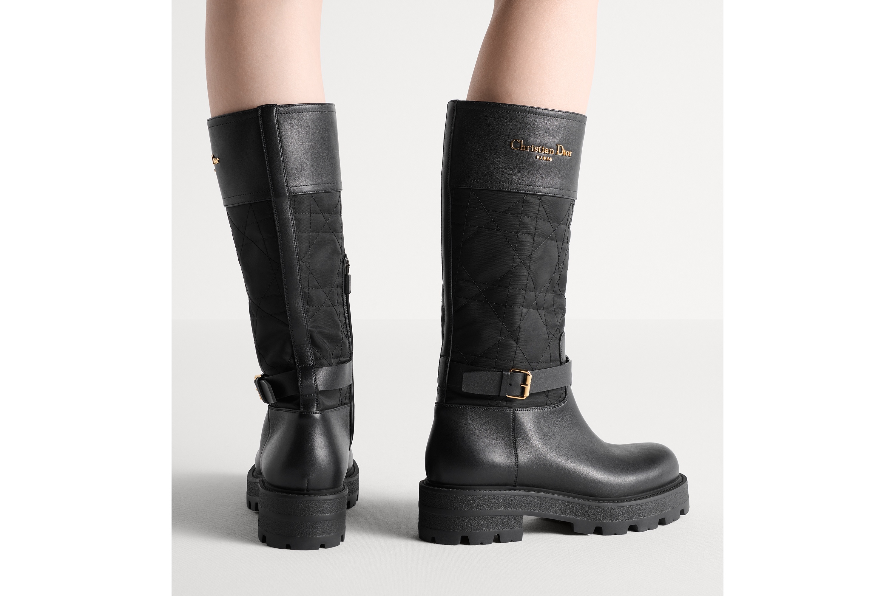 Dior Women D-town Leather And Technical Fabric With Cannage Motif Boots In Black
