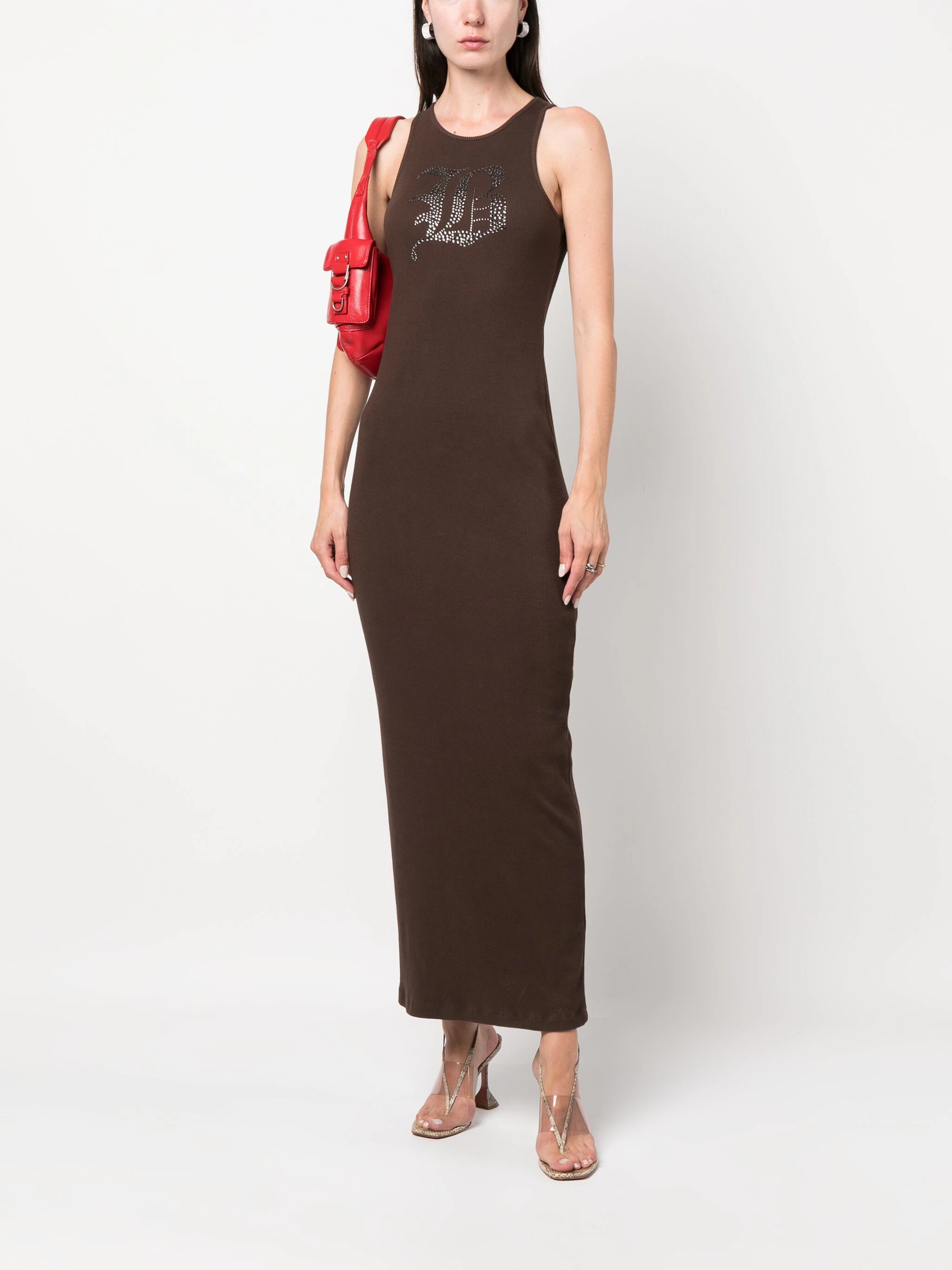 Blumarine Rhinestone-logo Midi Dress In Brown
