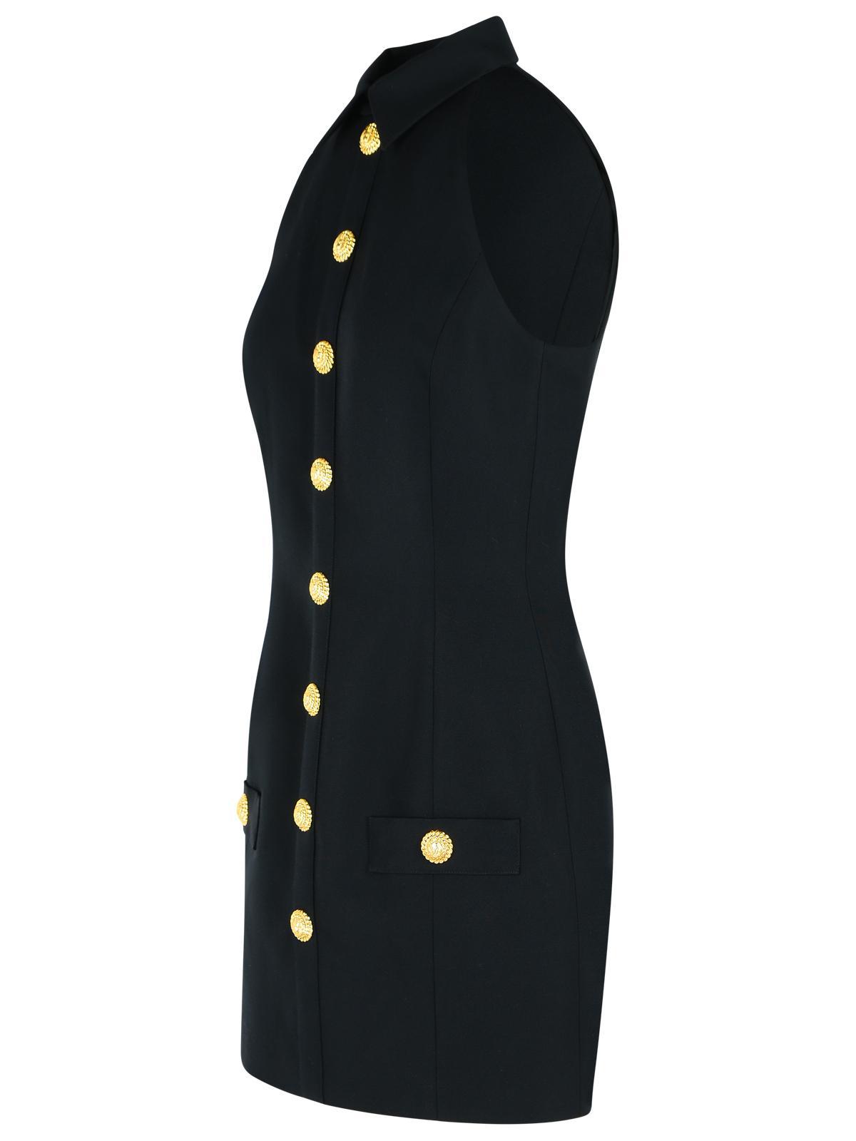 Balmain Black Dress With Pointed Collar And Logo Buttons On The Front In Wool Woman