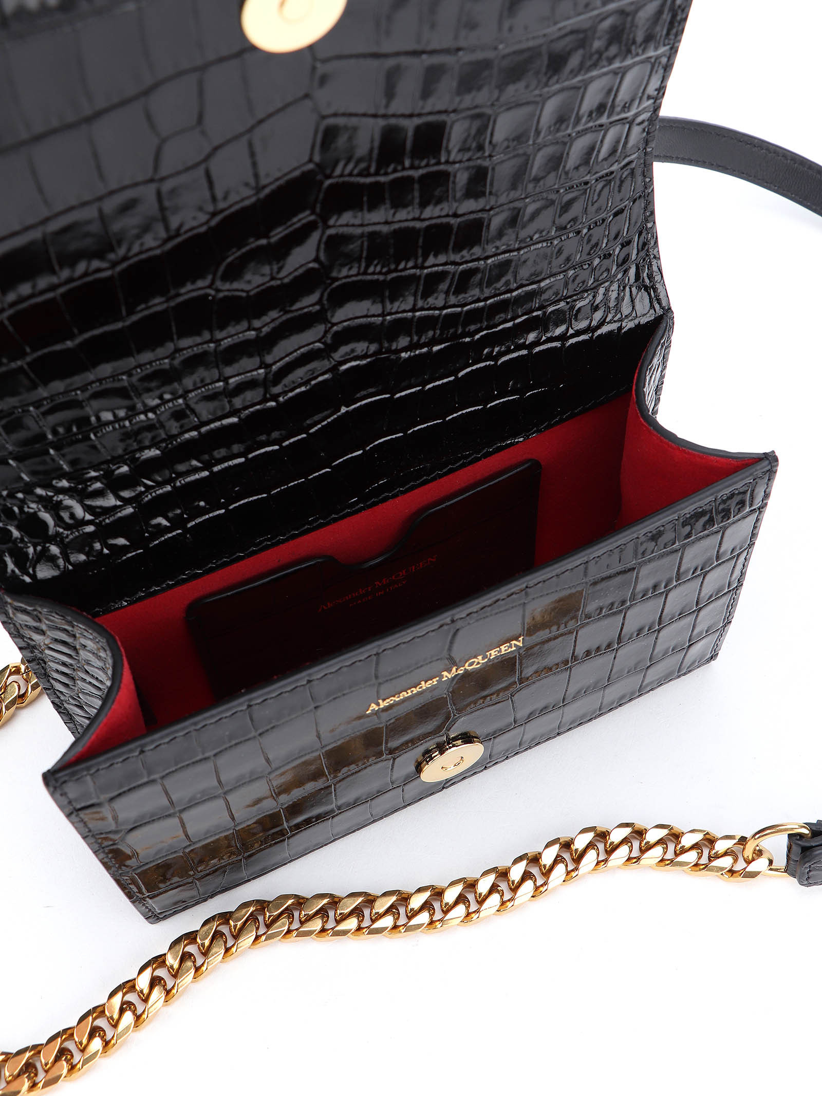 Alexander Mcqueen Jewelled Crocodile-effect Satchel In Black