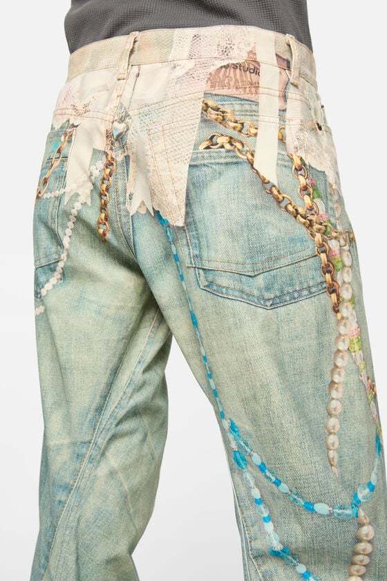 Acne Studios Womens White Green Graphic-print Wide-leg Denim Jeans In Blue