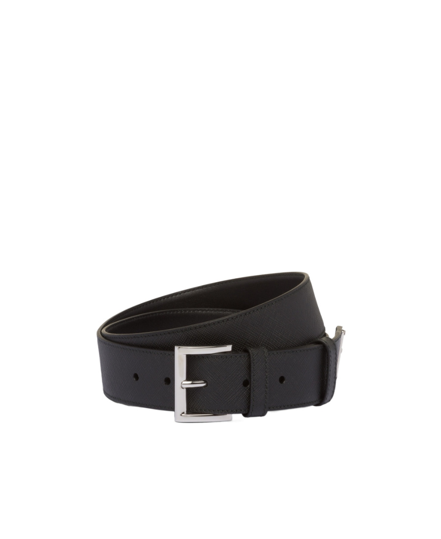 Prada Men Cintura In Pelle Saffiano Con Triangolo Logo In Black
