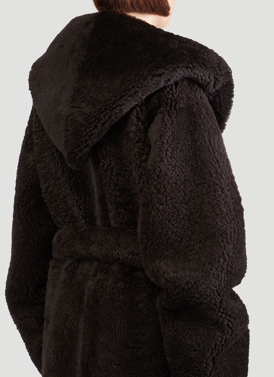 Bottega Veneta Hooded Belted Shearling Coat In Black