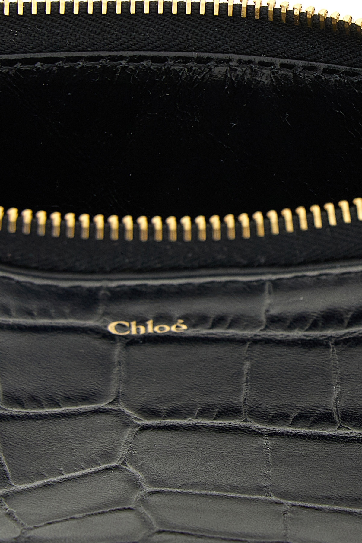 Chloé Crocodile Texture Card Holder With Gold Hardware In Black