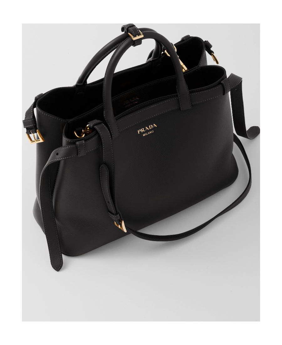 Shop Prada Medium Leather Handbag With Belt In Black