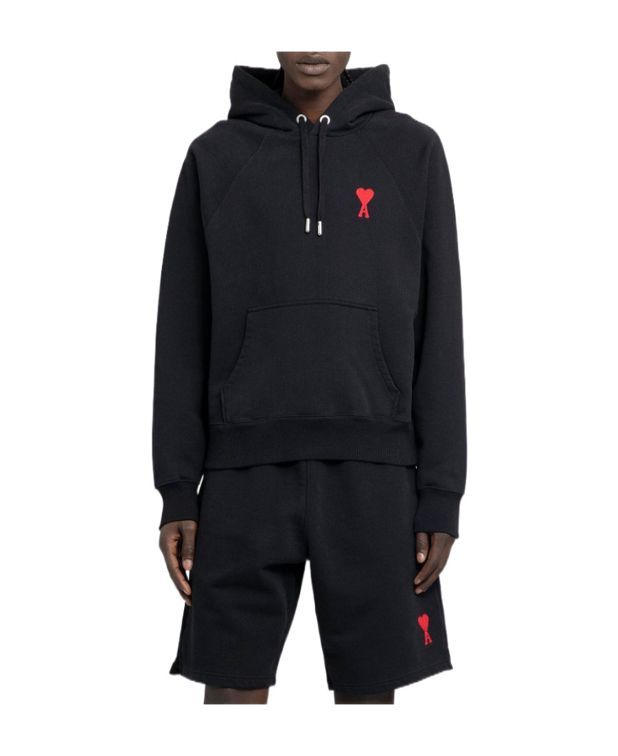 Ami Alexandre Mattiussi Ami Black Cotton Hoodie With Embroidered Logo And Functional Pockets In Black