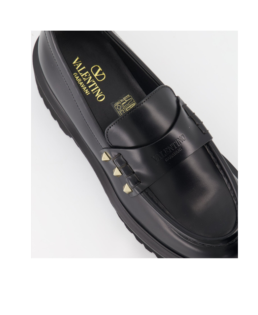 Shop Valentino Rockstud Calfskin Loafer In Black
