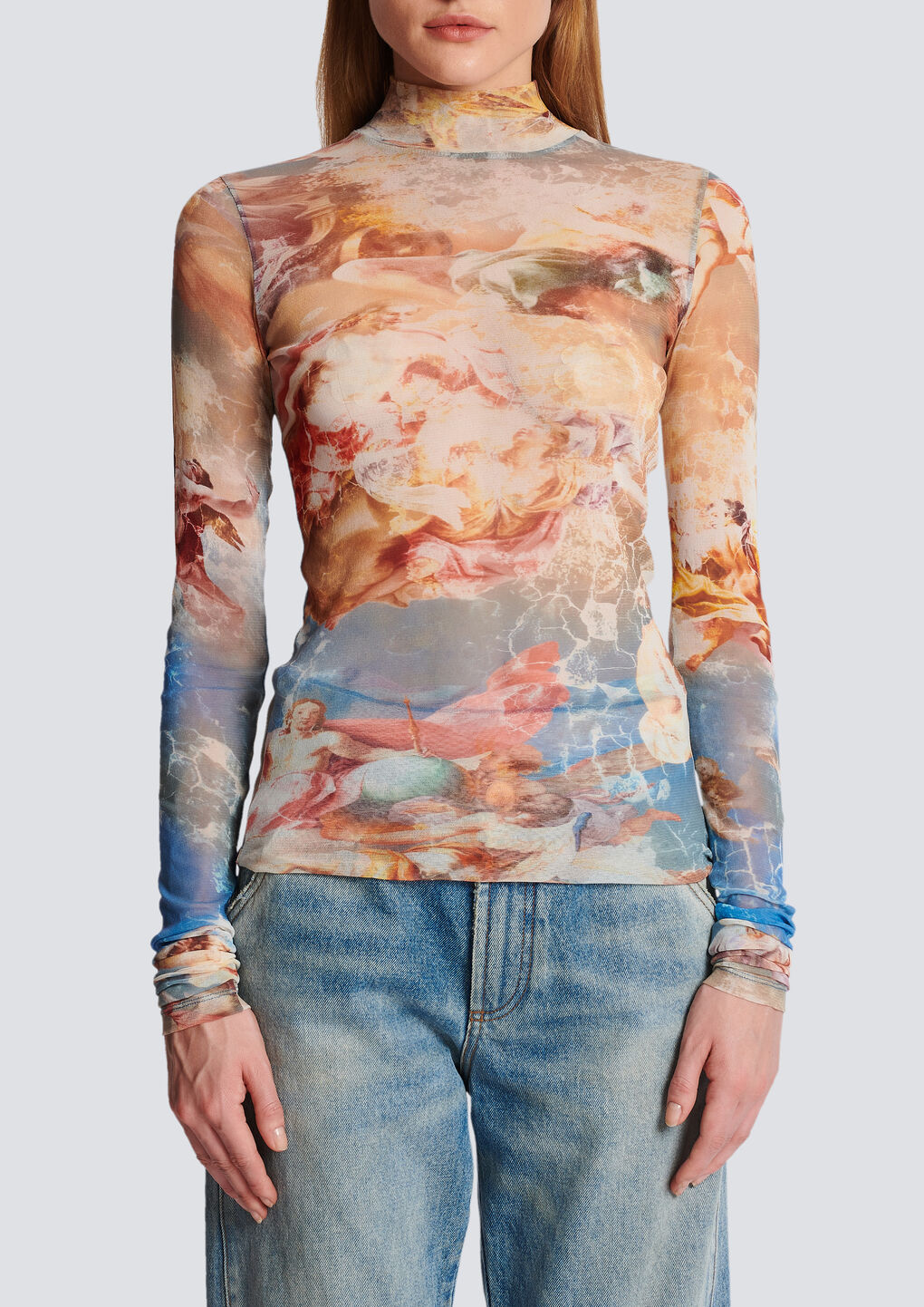 Balmain Sky Printed Tulle Top In White