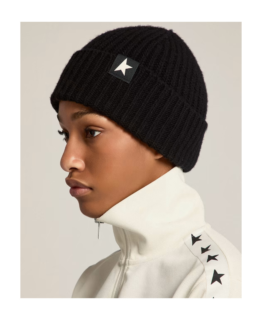 Golden Goose Mans Ribbed Black Wool Hat With Logo In Black