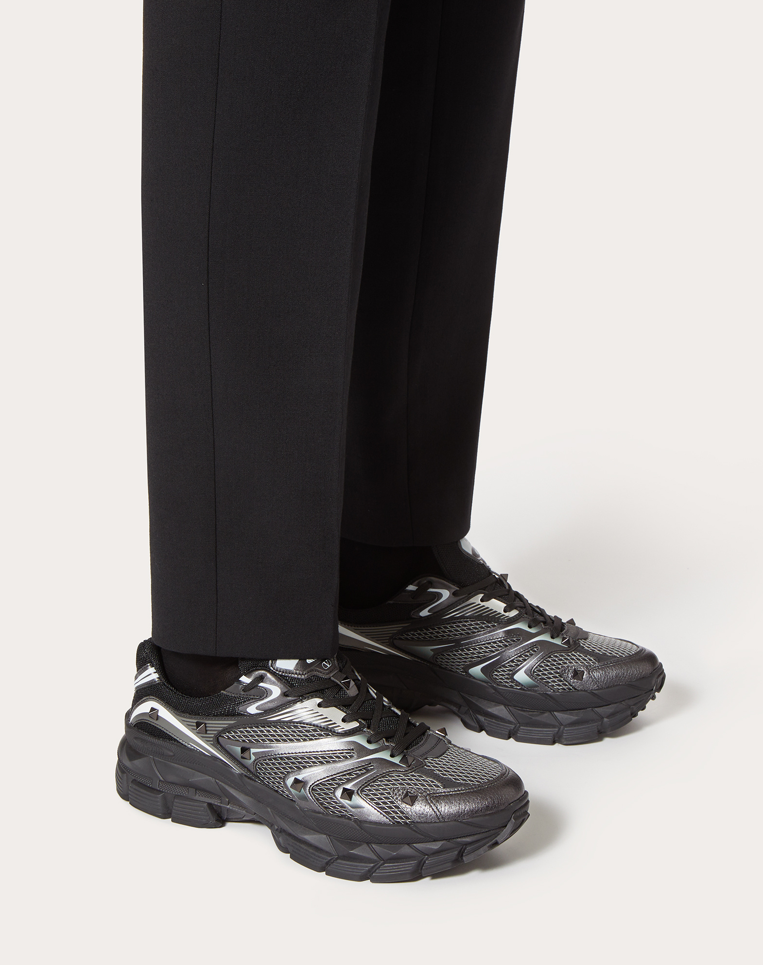 Valentino Garavani Leather Sneakers With Textured Rubber Elements In Black