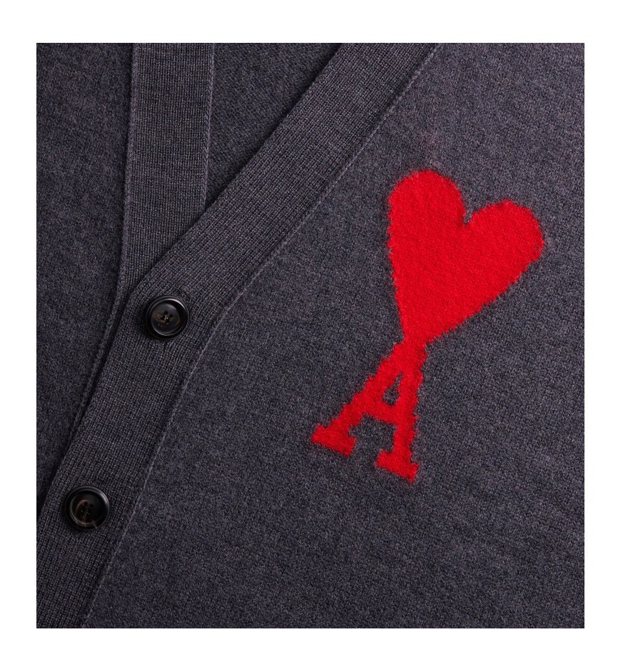 Ami Alexandre Mattiussi Heather Grey Wool Cardigan With Embroidered Logo In Gray