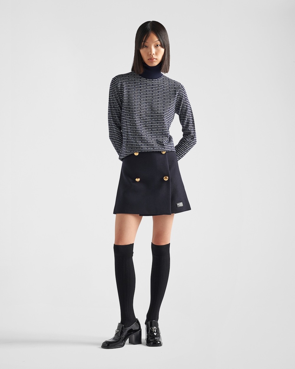 Prada Superfine Wool Turtleneck Sweater With Intarsia Logo In Black