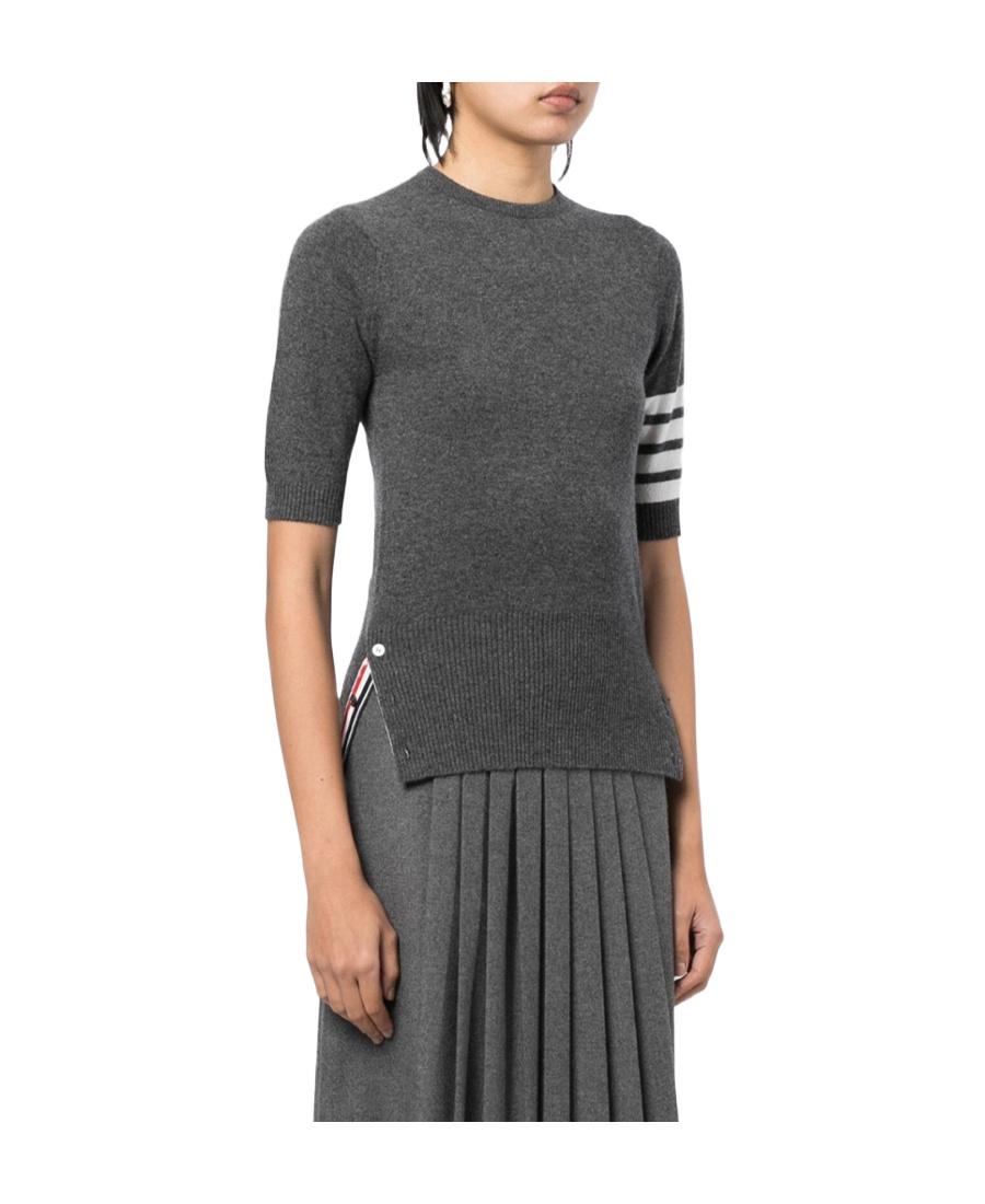 Thom Browne Signature 4-bar Stripe Short-sleeve Cashmere Top In Black