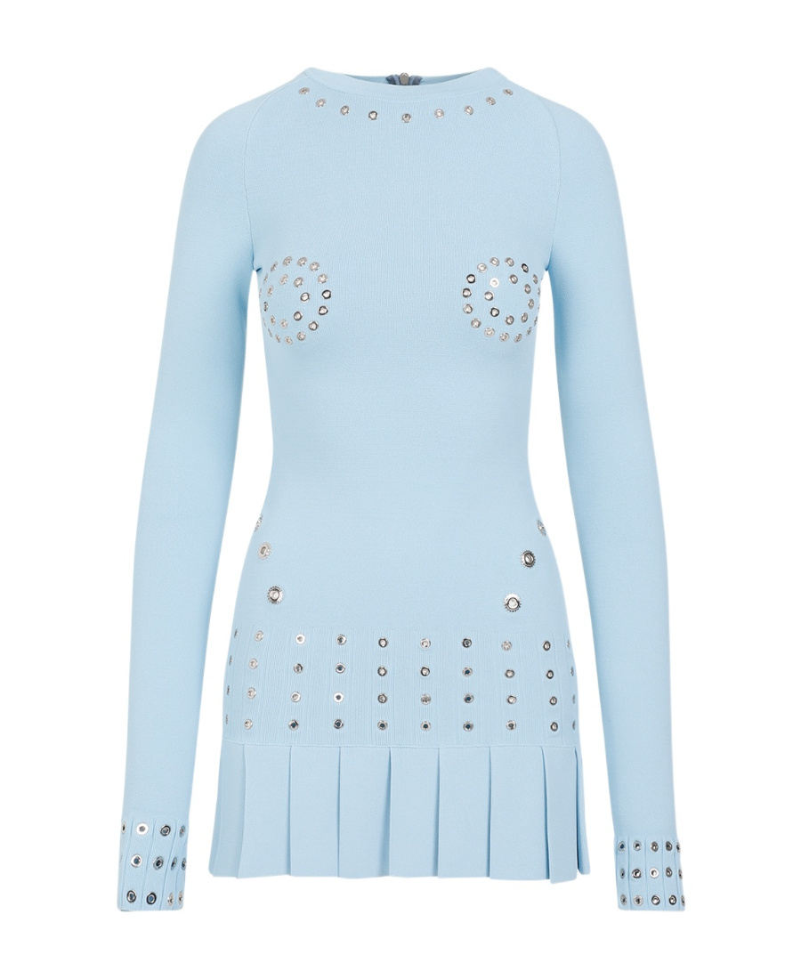 Off-white Pleated Mini Dress With Eyelets Detailing In Blue