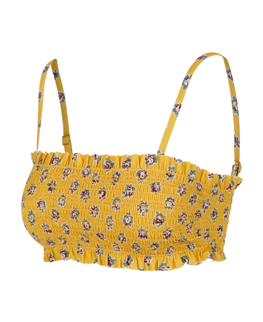 Tory Burch Costa Shirred Floral-print Bikini Top In Yellow