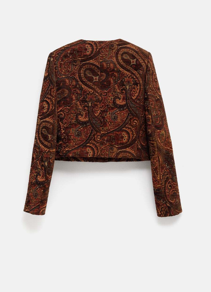 Chloé Multicolor Cropped Jacket With Round Neck And All-over Motif In Cotton Blend Woman In Brown