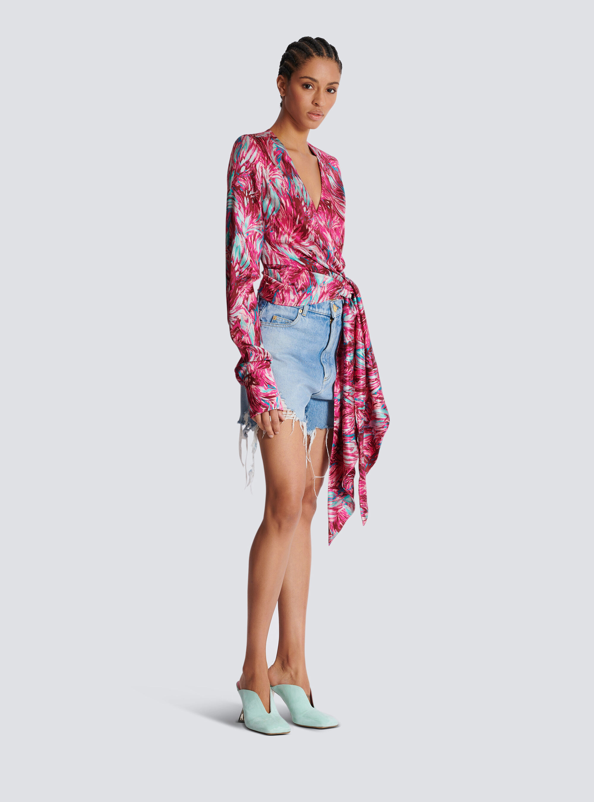 Balmain Feather-print Silk Blouse In Red