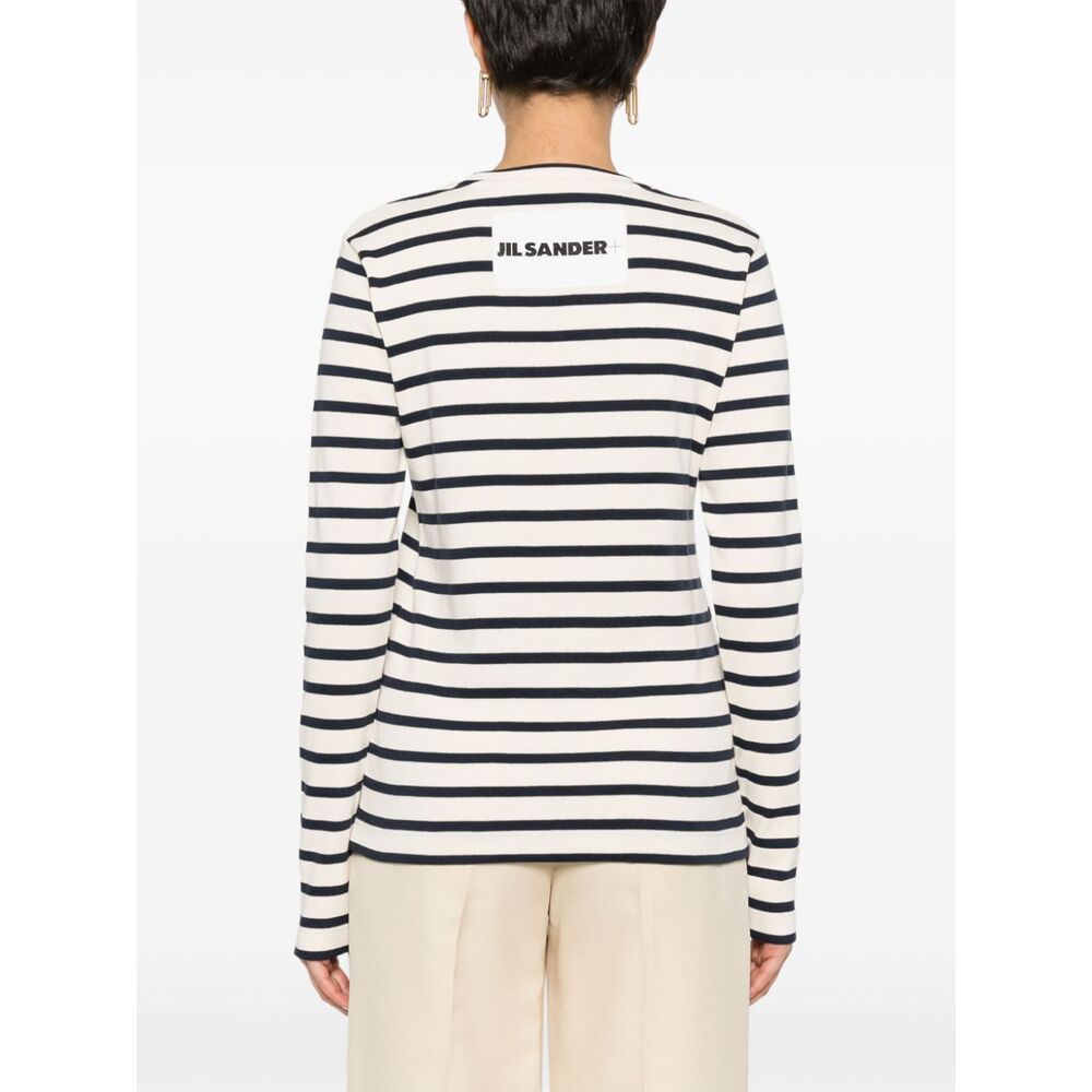 Jil Sander Fine Ribbed Off-white And Black Crew Neck Sweater In White