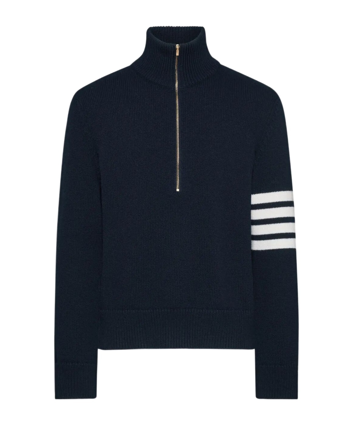 Thom Browne Jersey Stitch Funnel Neck Half Zip Pullover In Merino Wool With 4 Bar Stripe In Blue