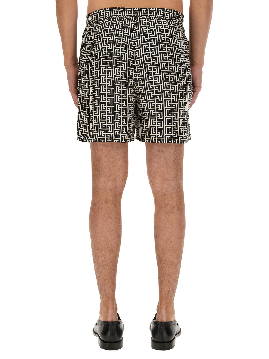 Balmain Monogram-print Elasticated-waist Shorts In Brown