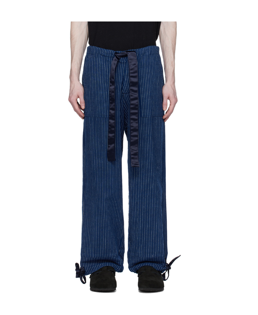 Greg Lauren Striped Drawstring Straight Trousers In Blue