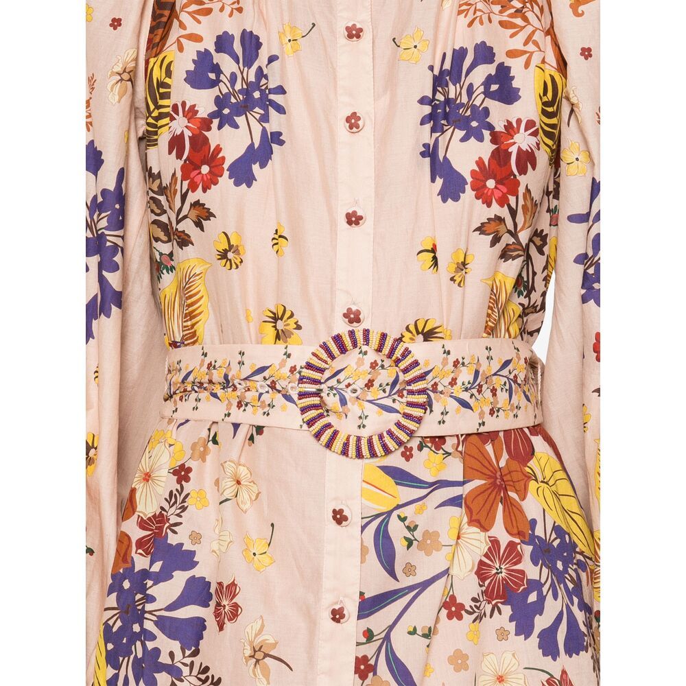 Farm Rio Floral Print Mini Dress With Lace Collar And Ruffled Hem In Nude