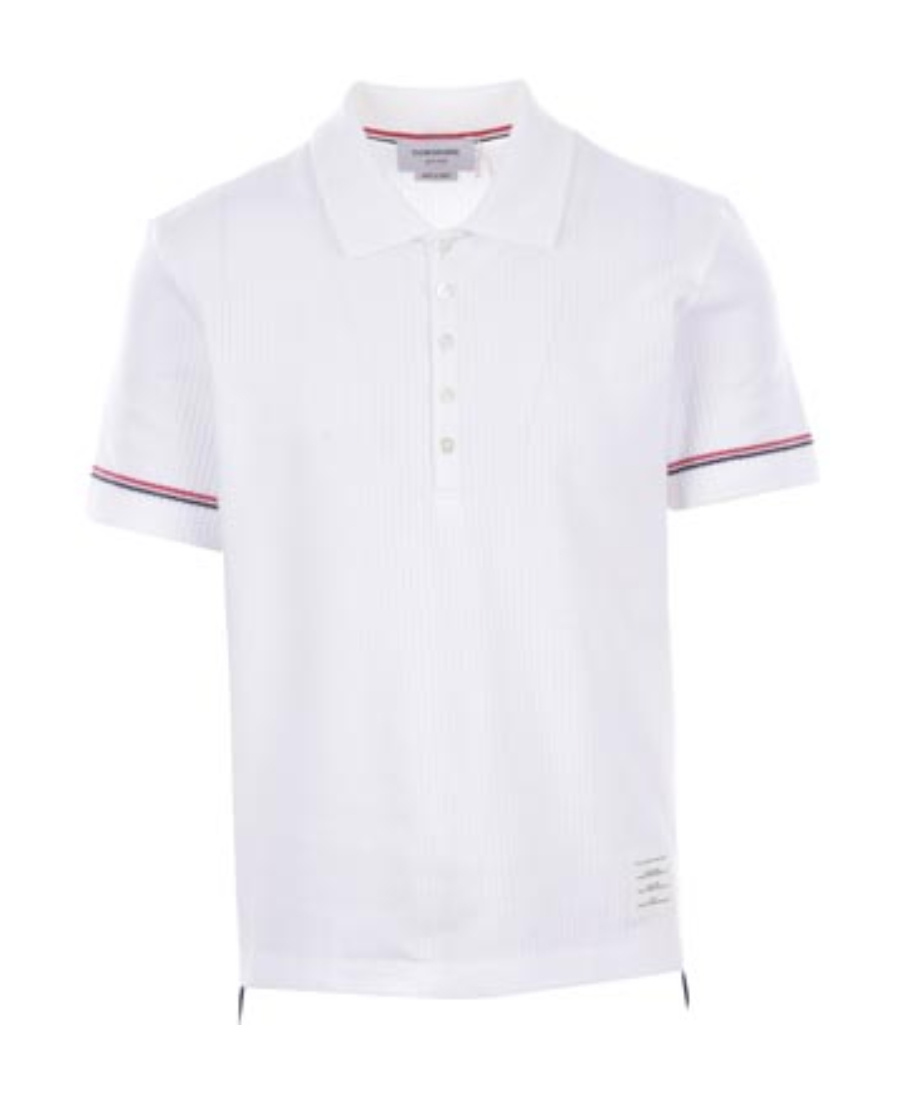 Thom Browne Short-sleeved Navy Polo Shirt With Patch In White