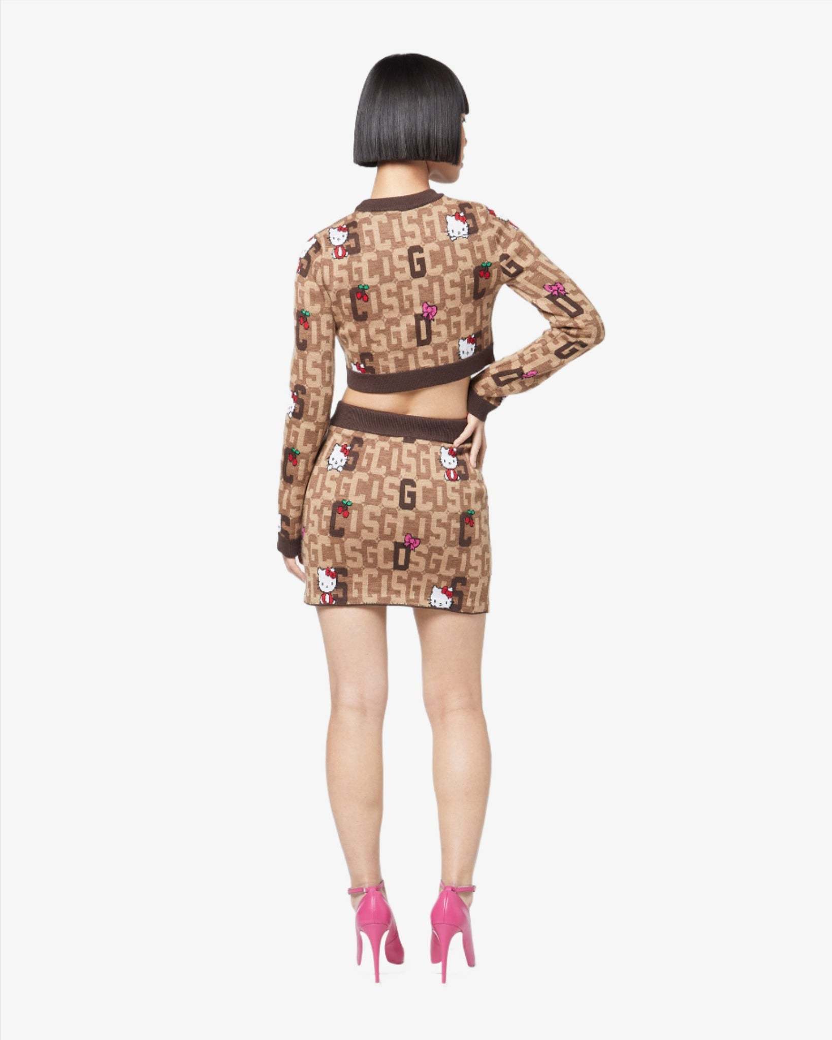 Gcds Brown And Beige Mini Skirt In Wool Blend Knit With Logo Plate, Hello Kitty Motif And Contrast Jacqu In Brown