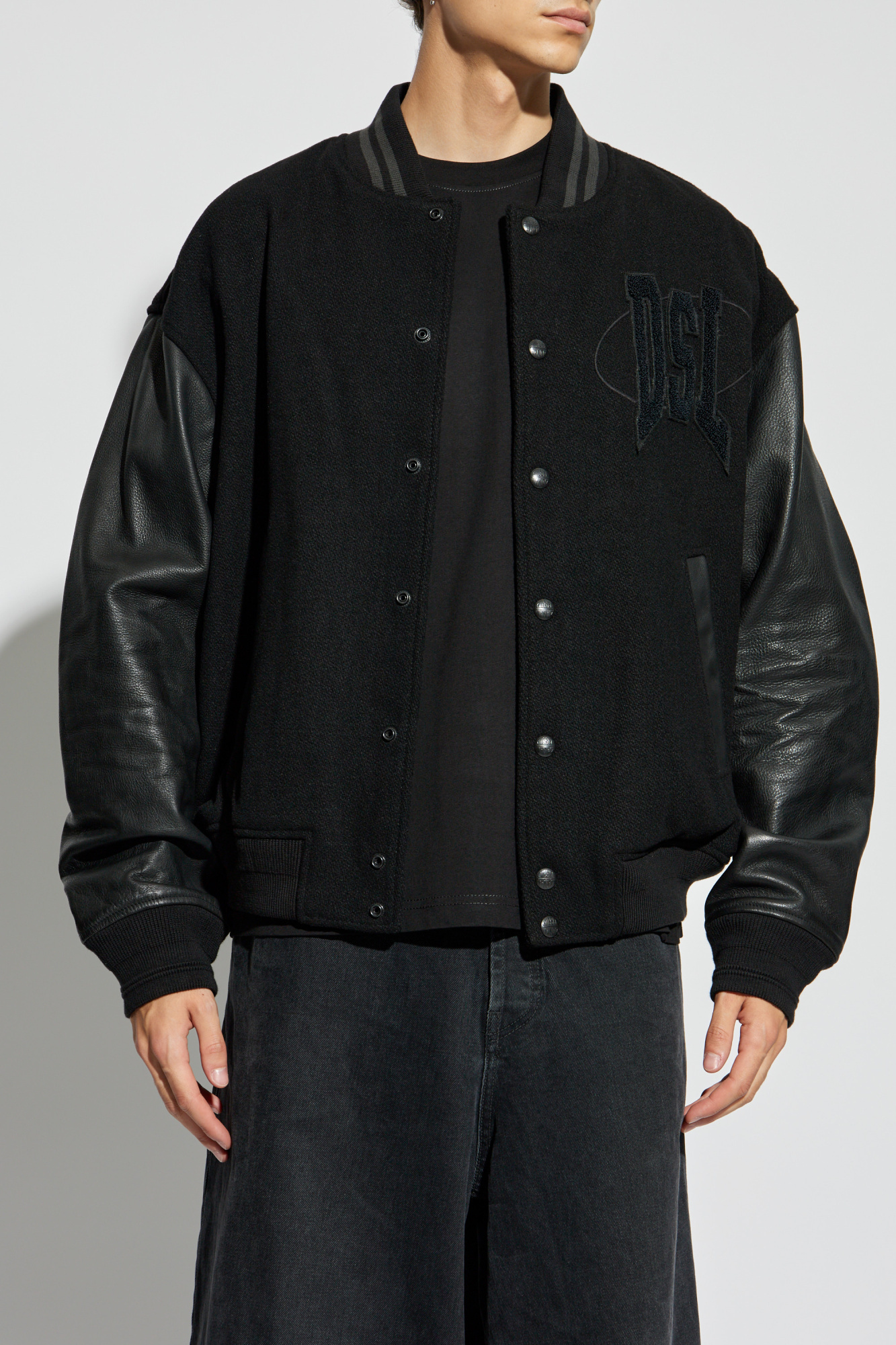 Diesel Varsity Bomber Jacket In Cotton And Leather In Black
