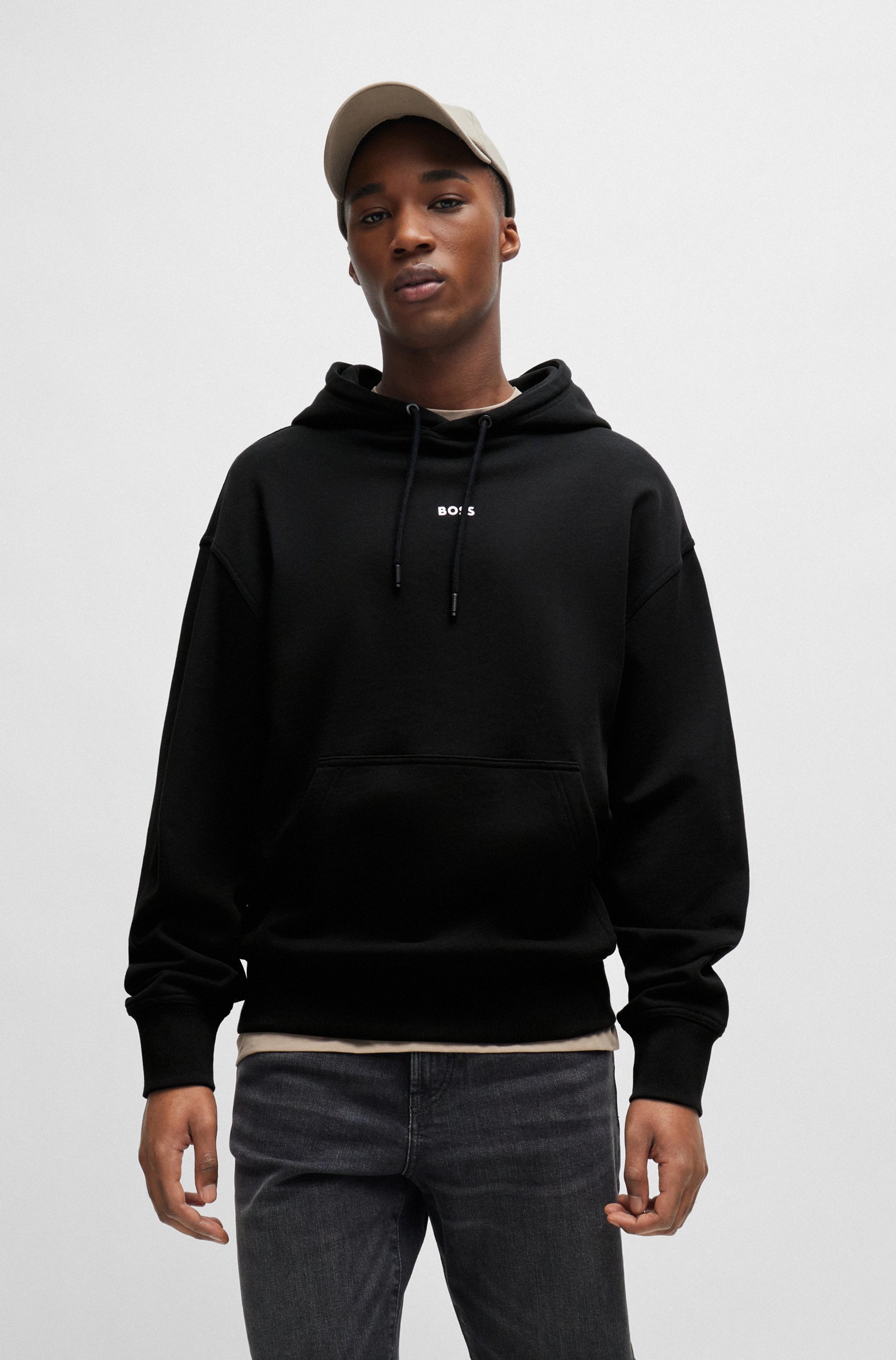 Hugo Boss Cotton-terry Hoodie With Contrast Logo In Black