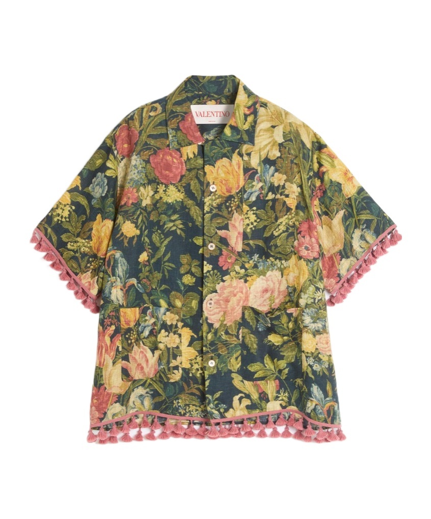Shop Valentino Linen Bowling Shirt With Apres L'hiver Print In Green