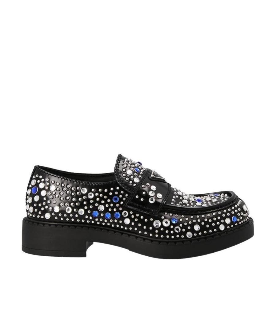 PRADA BRUSHED-LEATHER LOAFERS WITH STUDS AND RHINESTONES
