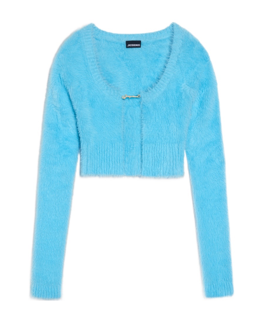Jacquemus La Maille Logo-charm Cropped Knitted Cardigan In Blue